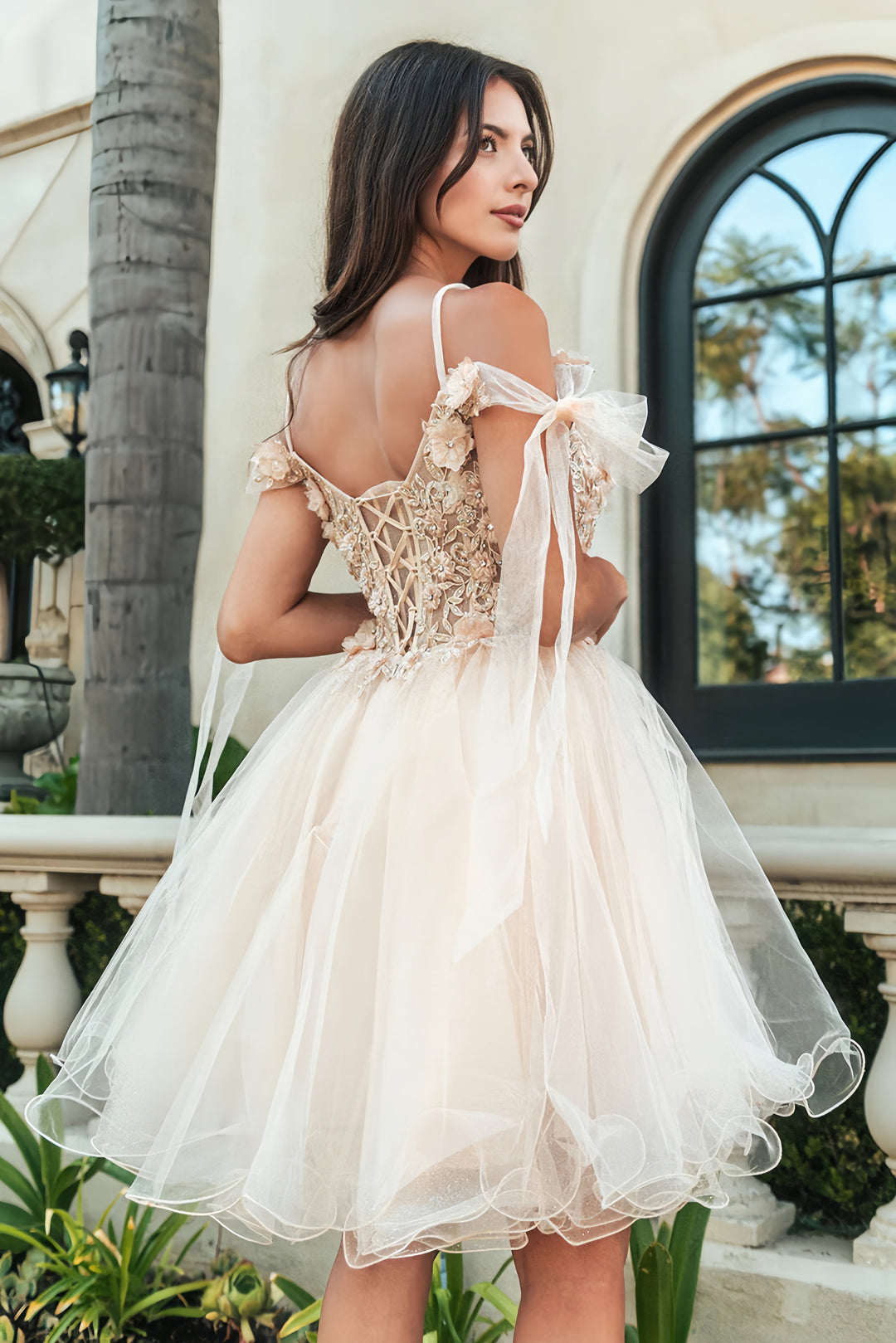 Lumidress A-Line Floral Appliques Short Cold Shoulder Bow Homecoming Dress