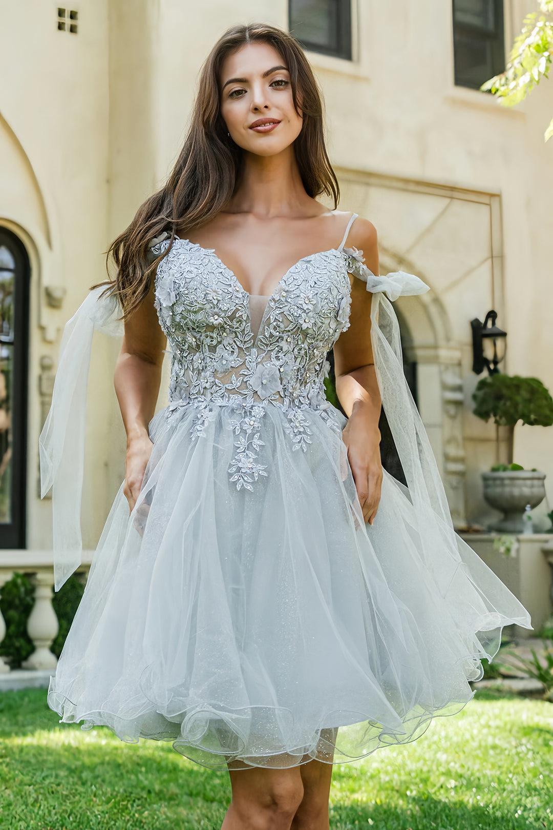 Lumidress A-Line Floral Appliques Short Cold Shoulder Bow Homecoming Dress