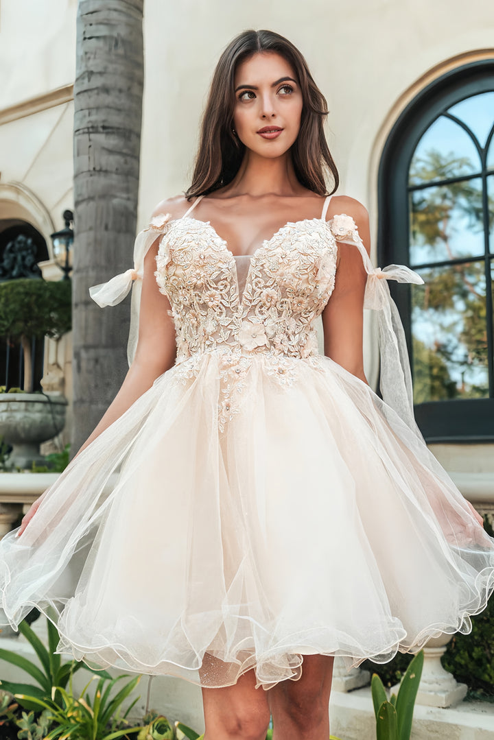 Lumidress A-Line Floral Appliques Short Cold Shoulder Bow Homecoming Dress