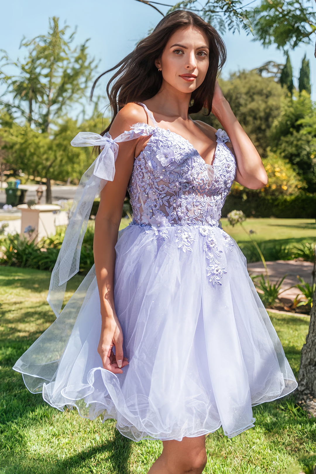 Lumidress A-Line Floral Appliques Short Cold Shoulder Bow Homecoming Dress