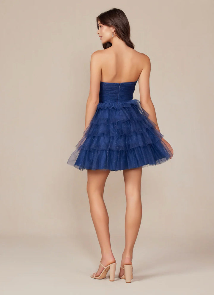 Lumidress Glitter Tulle Short Strapless Tiered Dress for Special Occasion