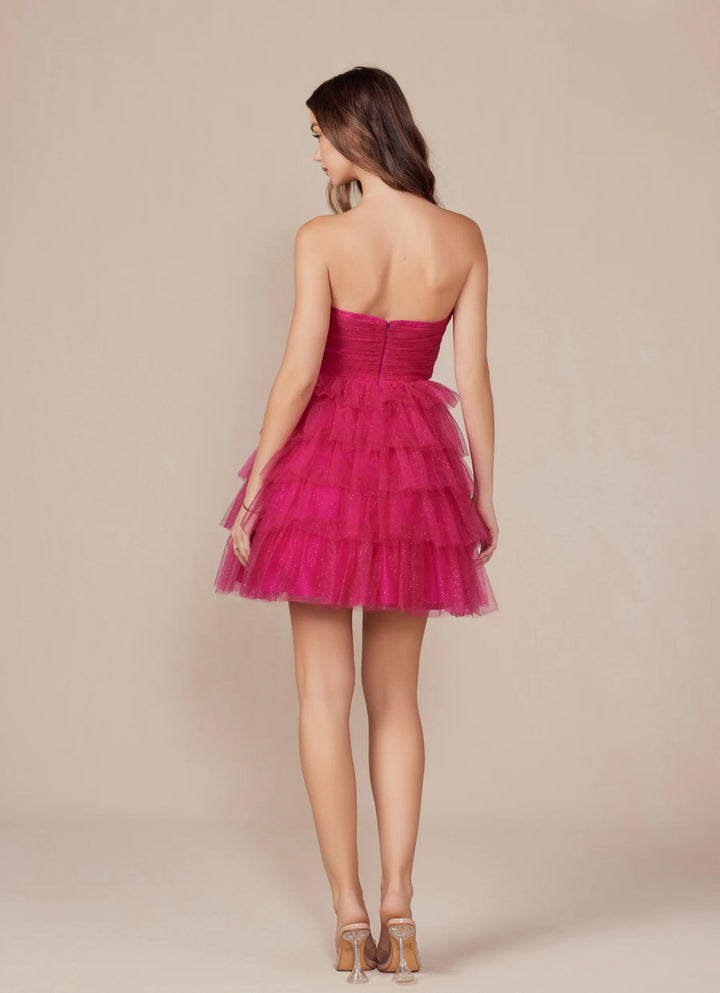 Lumidress Glitter Tulle Short Strapless Tiered Dress for Special Occasion