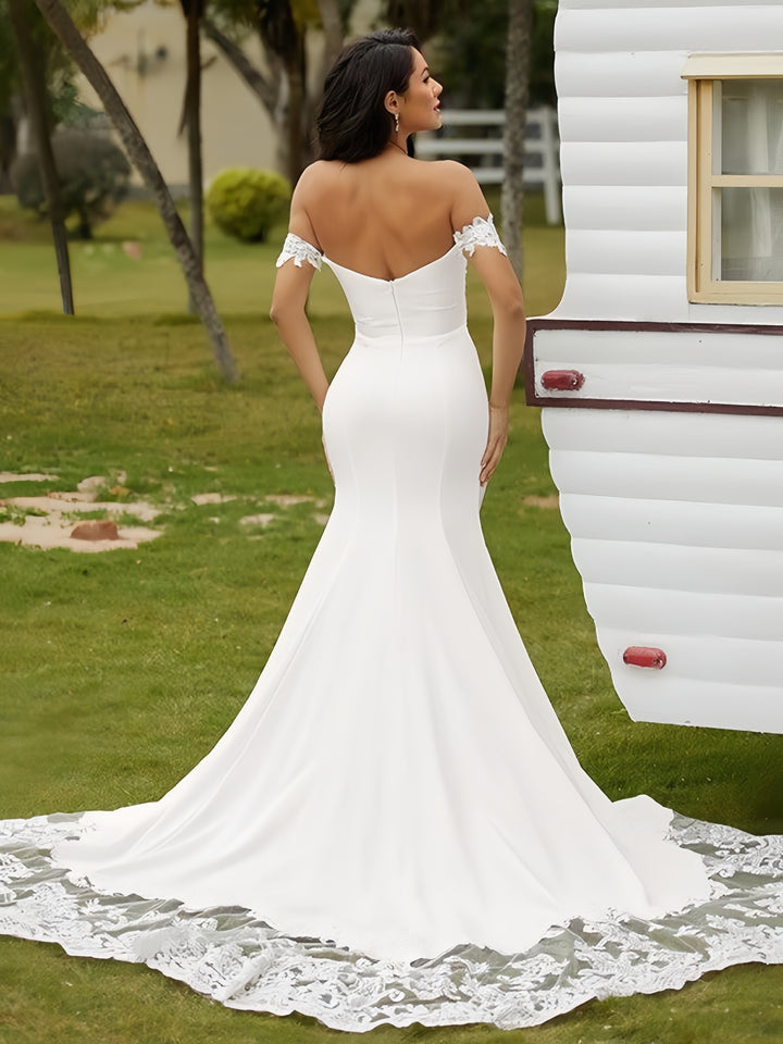 Lumidress Off-Shoulder Lace Train Satin Bridal Gown with High Slit