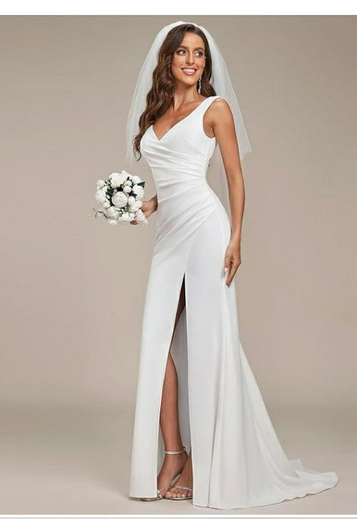 Lumidress White V-Neck Sleeveless High Slit Wedding Dresses for Bride