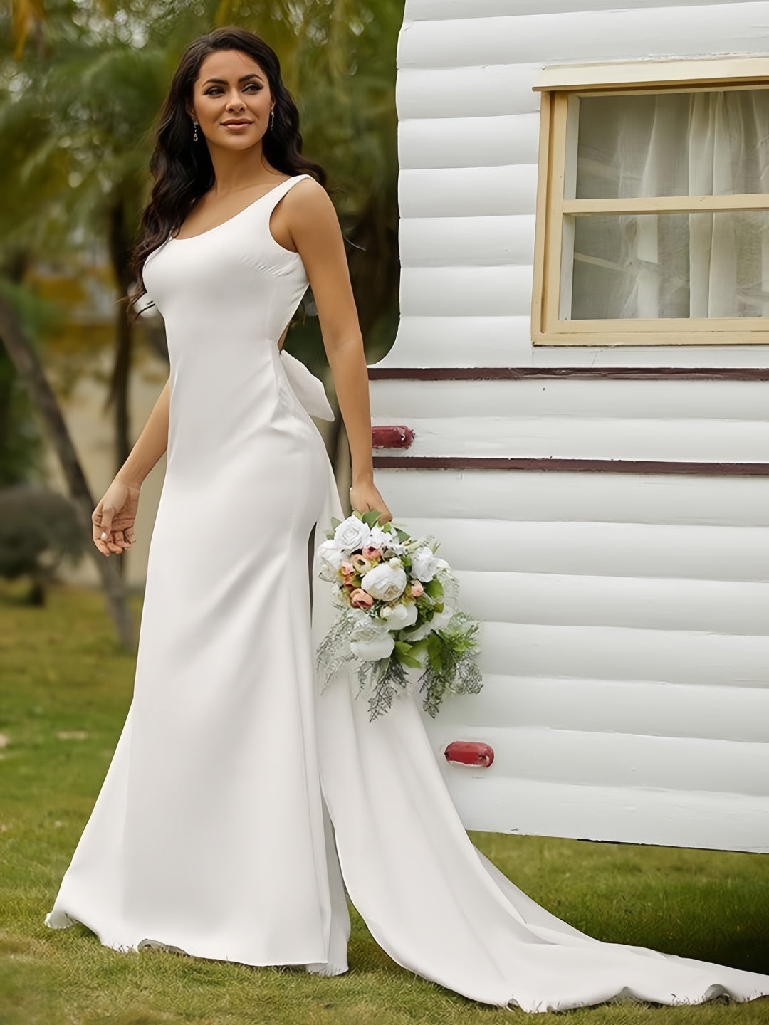 Lumidress Sleeveless Sheath/Column Satin Wedding Dress with Bow