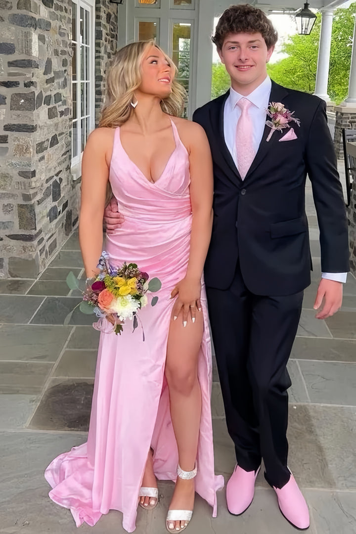 Lumidress Romantic Pink Satin V-Neck Pleated Prom Dress with Side Slit