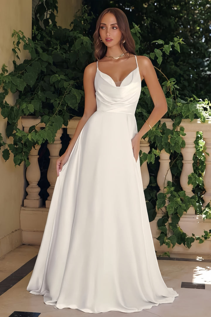 Lumidress Elegant Satin Cowl Neck A-Line Evening Gown with Spaghetti Straps