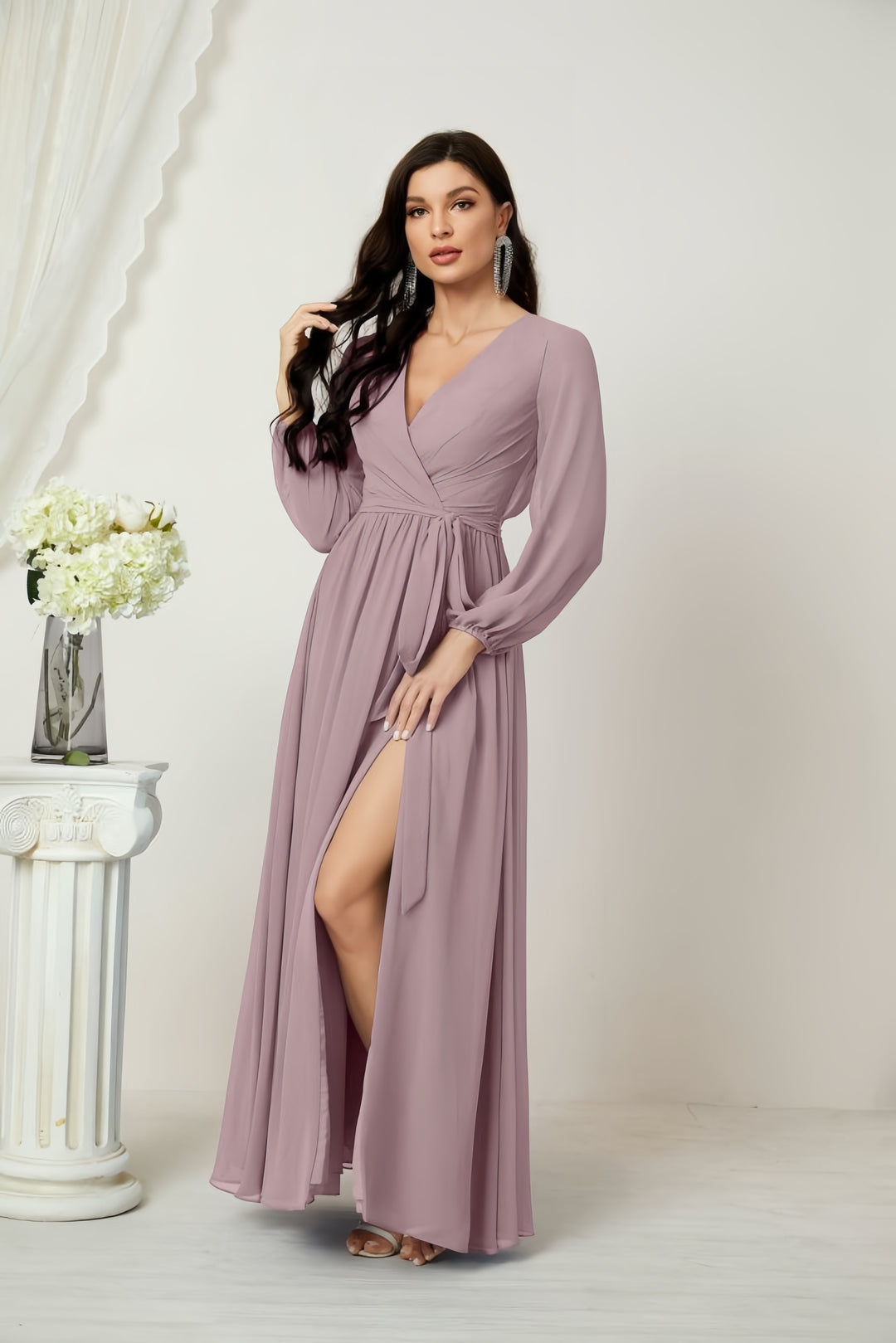 Lumidress Deep V-Neck Chiffon Evening Dress with Bishop Sleeves &amp; Side Slit