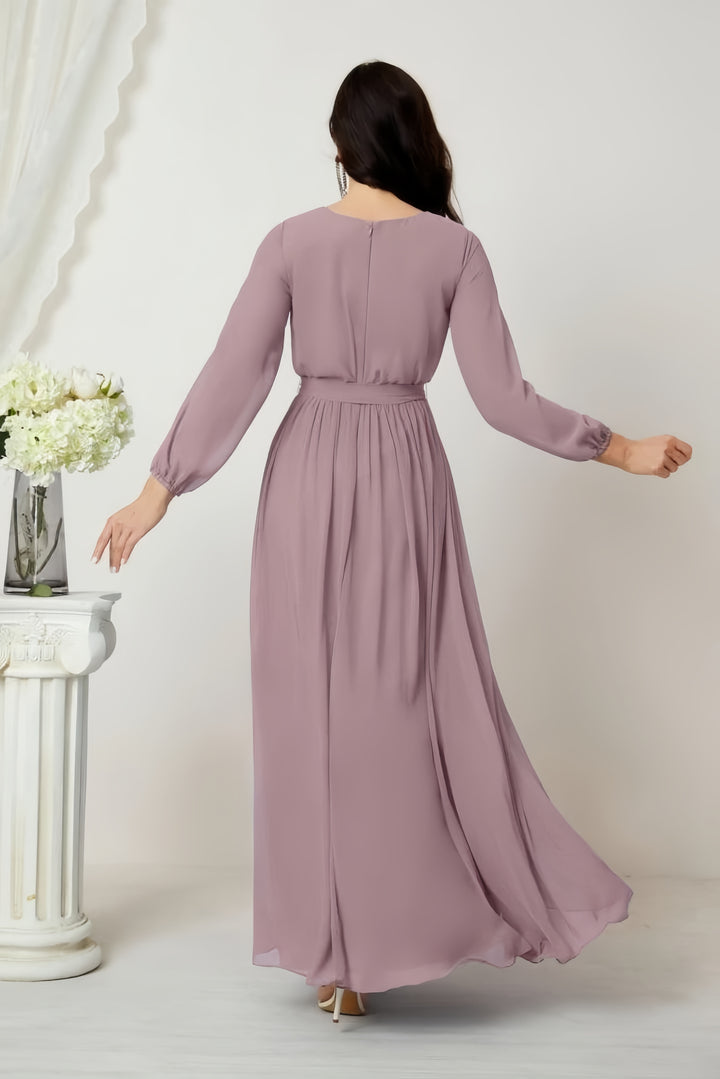 Lumidress Deep V-Neck Chiffon Evening Dress with Bishop Sleeves &amp; Side Slit