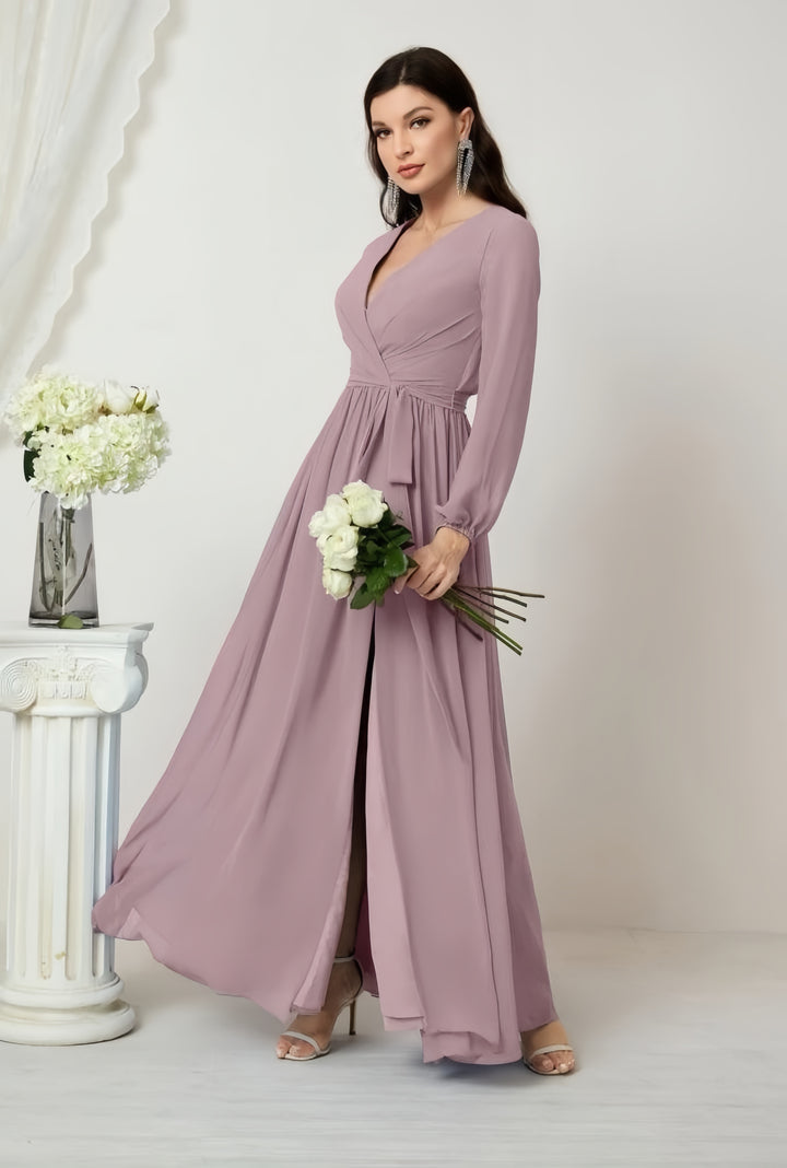 Lumidress Deep V-Neck Chiffon Evening Dress with Bishop Sleeves &amp; Side Slit