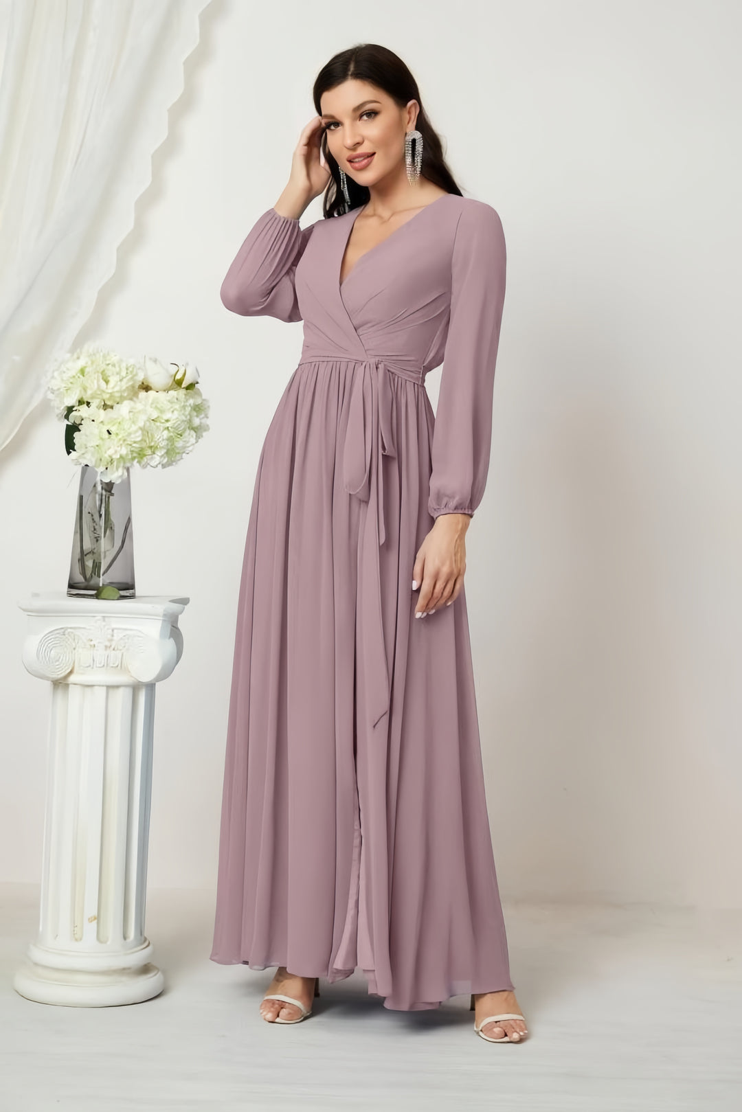 Lumidress Deep V-Neck Chiffon Evening Dress with Bishop Sleeves &amp; Side Slit