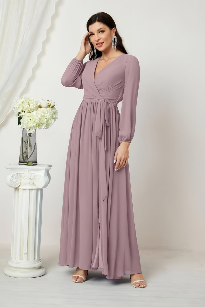 Lumidress Deep V-Neck Chiffon Evening Dress with Bishop Sleeves &amp; Side Slit
