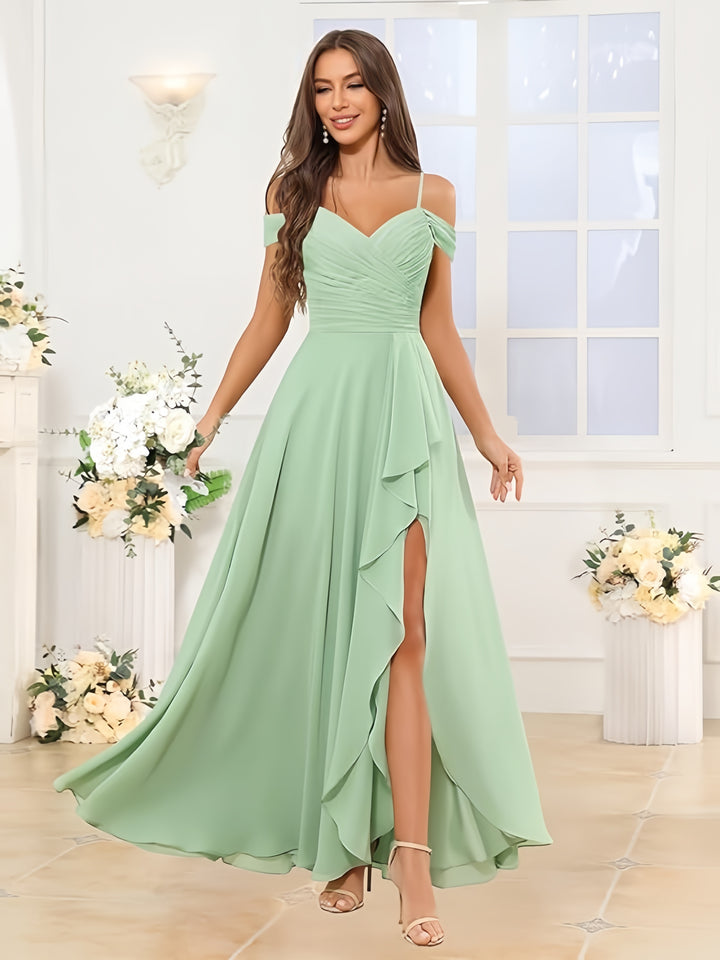 Lumidress Elegant Off-the-Shoulder Chiffon Bridesmaid Dress with Slit for Formal Events