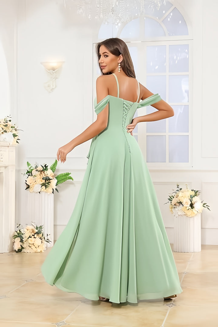 Lumidress Elegant Off-the-Shoulder Chiffon Bridesmaid Dress with Slit for Formal Events