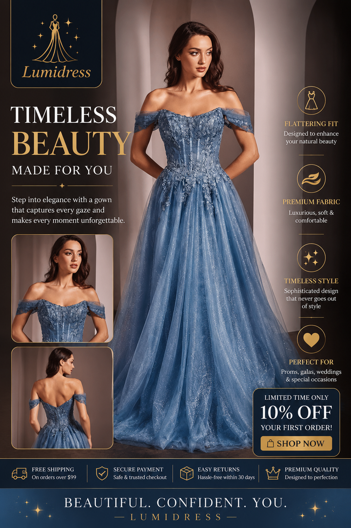 Lumidress Off Shoulder Lace Appliques Glitter Tulle A-Line Slit Gown