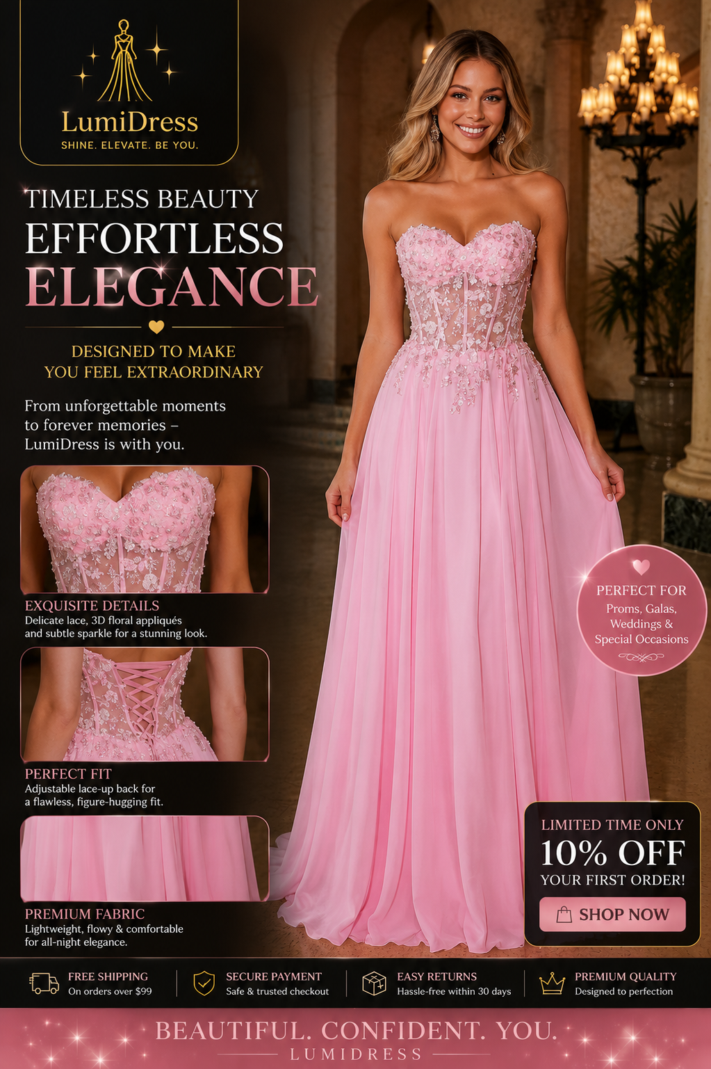 Lumidress Strapless Illusion Sweetheart Floral Applique Corset Gown