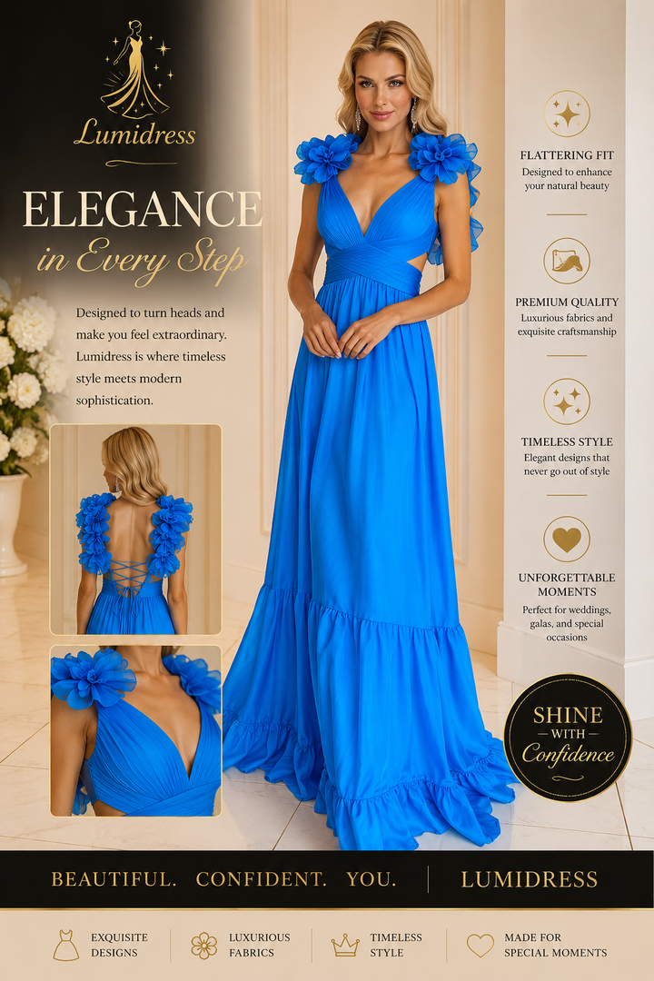 Lumidress V-Neck Ruffled Long Prom&amp;Evening Dress with 3D Floral Shoulders