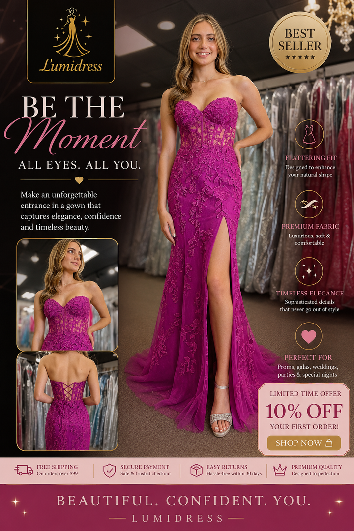 Lumidress Elegant Mermaid Strapless Prom Dress with Lace Appliques and Slit