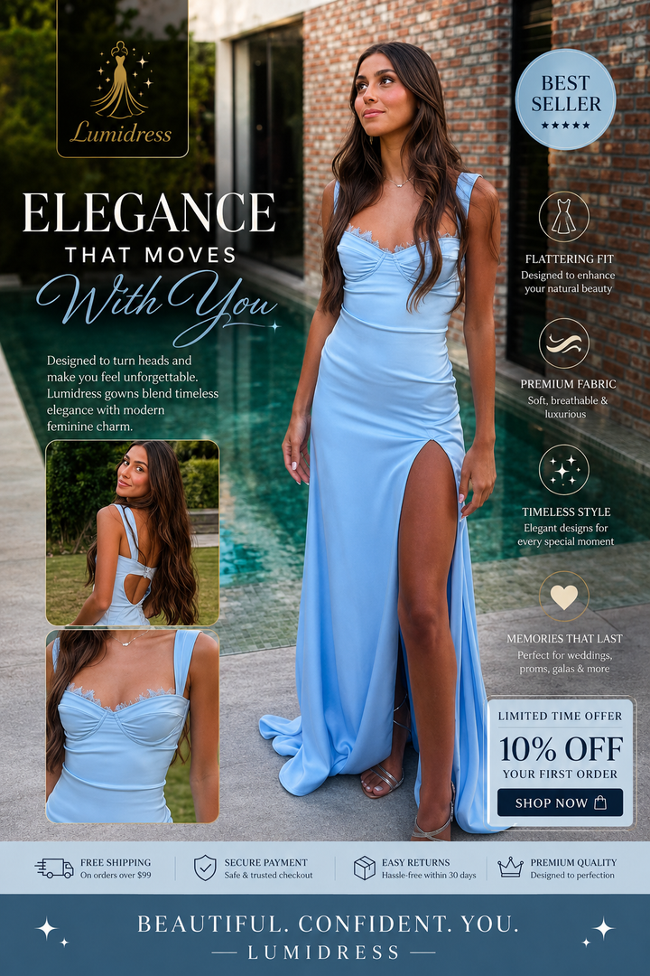 Lumidress Light Blue Satin Cutout Corset Long Prom Dress with Side Slit