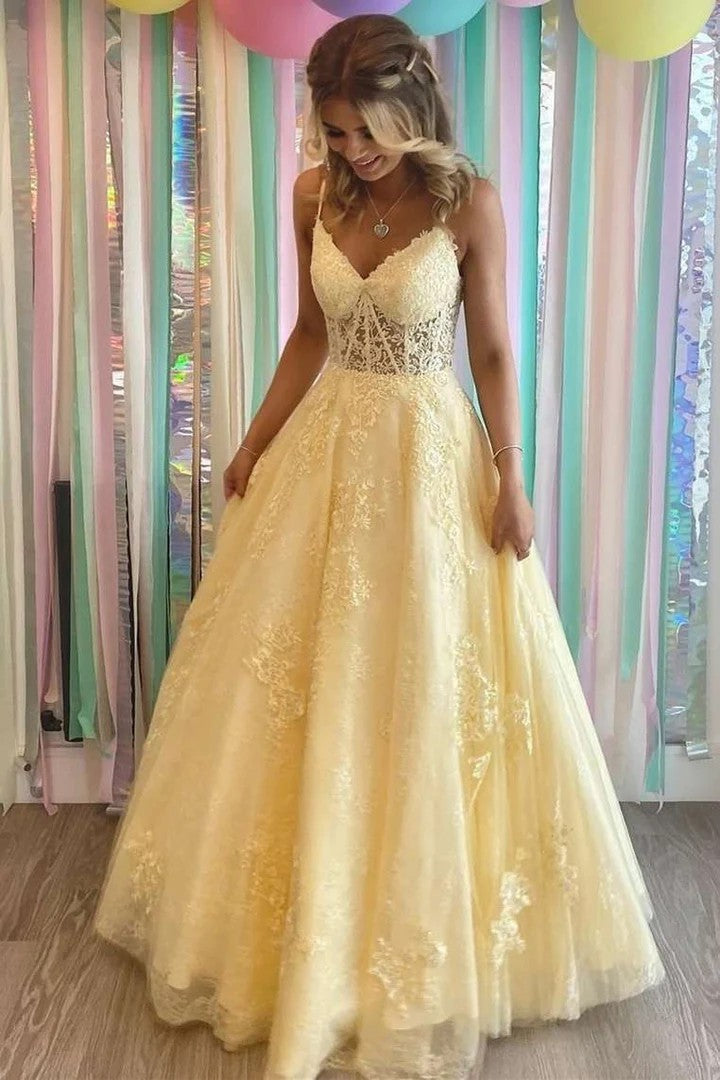 Lumidress Charming Yellow V-Neck Lace-Up Back Formal Prom Dress
