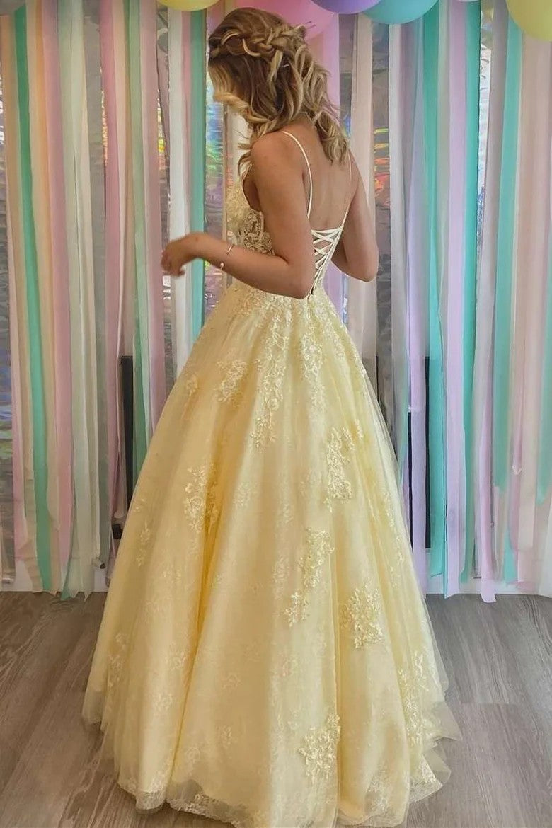 Lumidress Charming Yellow V-Neck Lace-Up Back Formal Prom Dress