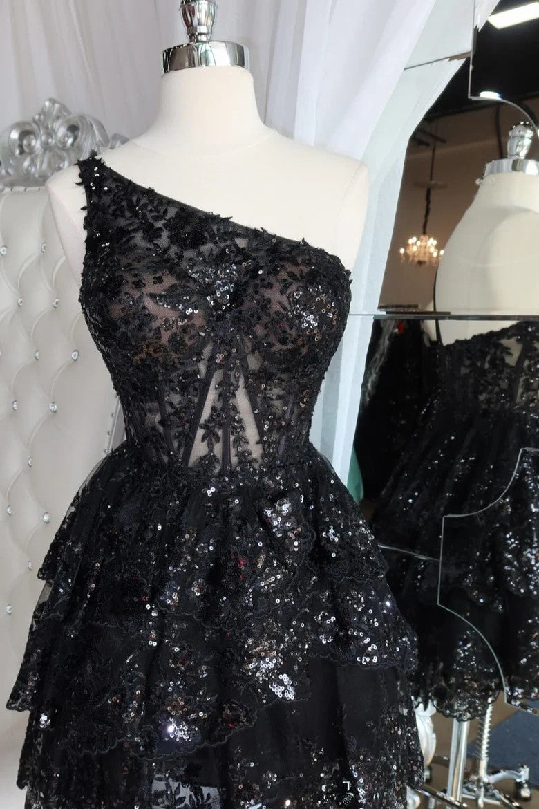 Lumidress One-Shoulder Sequin Embroidered Tiered A-Line Homecoming Dress