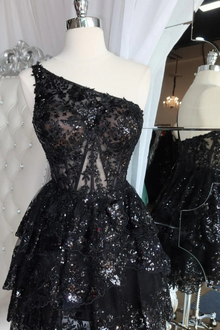 Lumidress One-Shoulder Sequin Embroidered Tiered A-Line Homecoming Dress