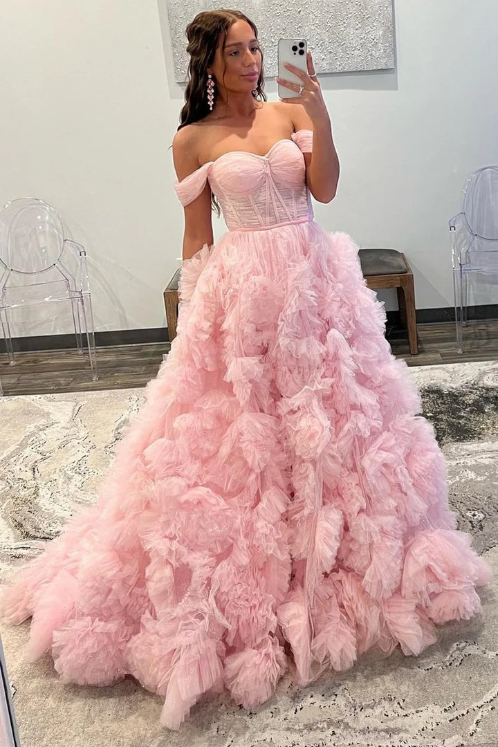 Lumidress Lavender Off-Shoulder Corset Bodice Tulle Ball Gown with Ruffled Skirt