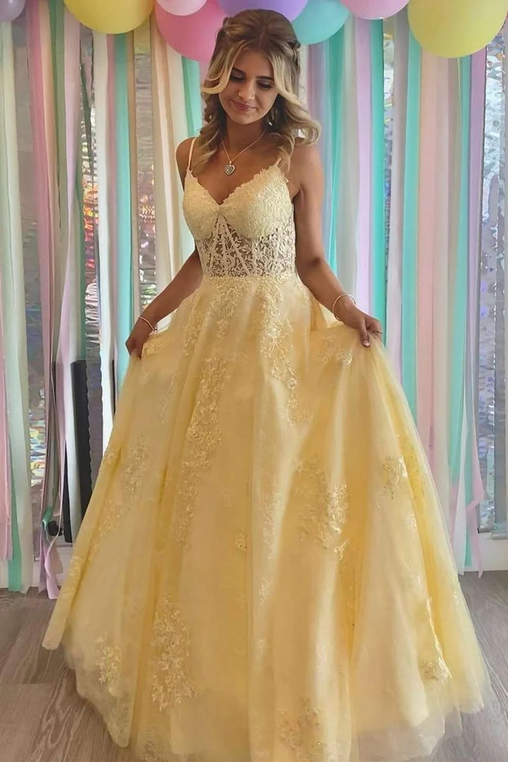 Lumidress Charming Yellow V-Neck Lace-Up Back Formal Prom Dress