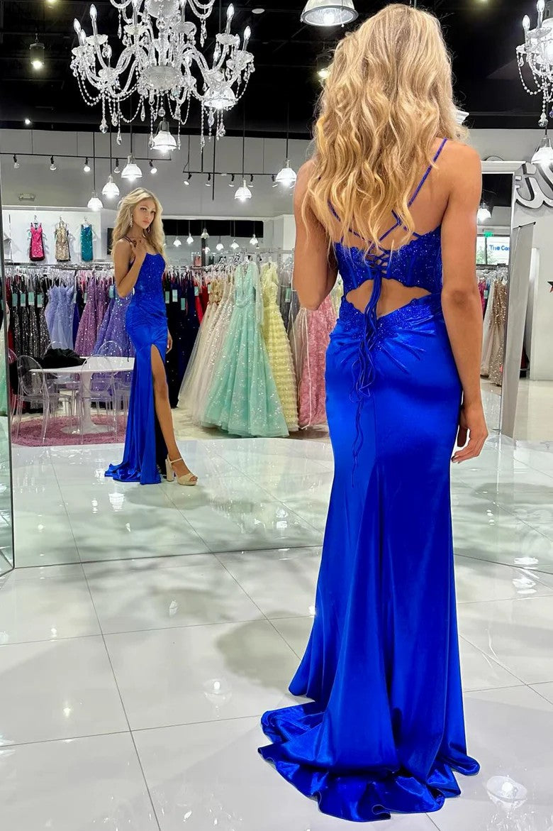 Lumidress Elegant Blue Mermaid Formal Dress with Appliques and Side Slit