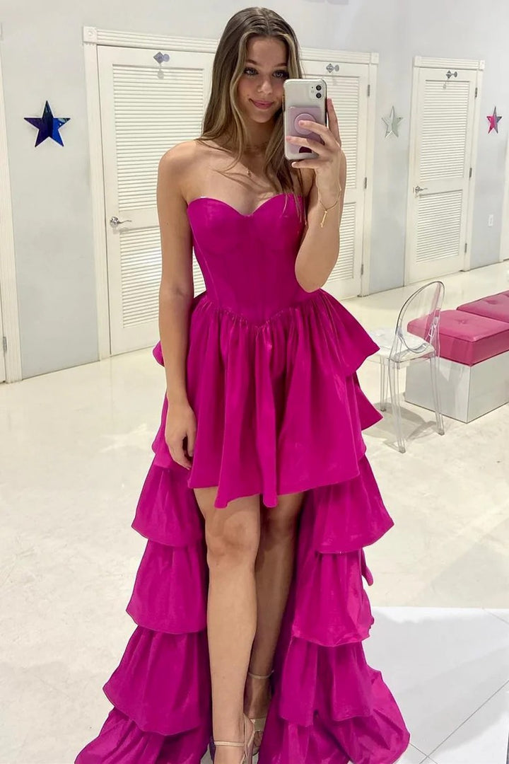Lumidress Magenta Ruffle Tiered Sweetheart High-Low Prom Gown