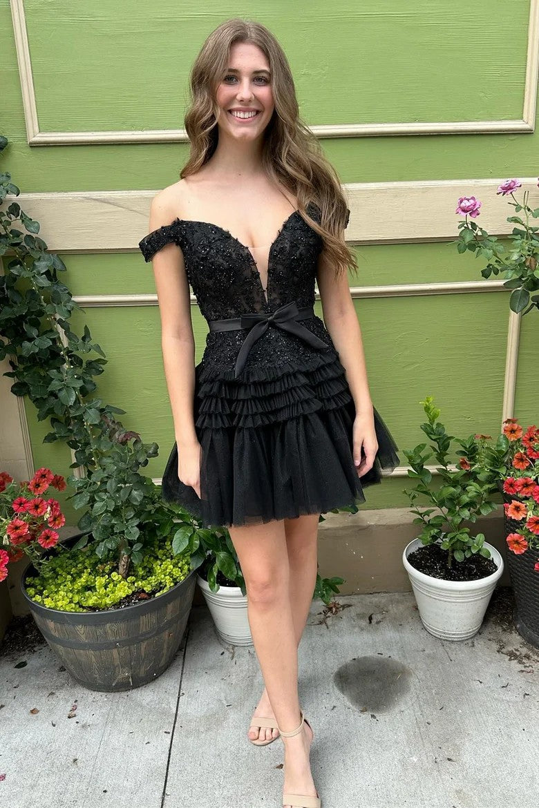 Lumidress Hot Pink Off-the-Shoulder Lace Appliqued Short Homecoming Dress