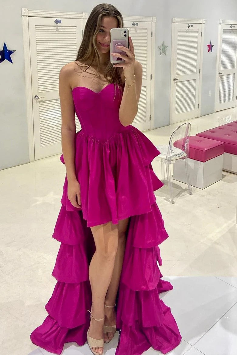 Lumidress Magenta Ruffle Tiered Sweetheart High-Low Prom Gown