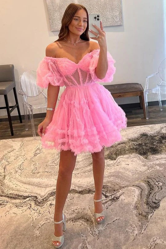 Lumidress Pink Off-the-Shoulder Puffy Tulle Short Homecoming Dress