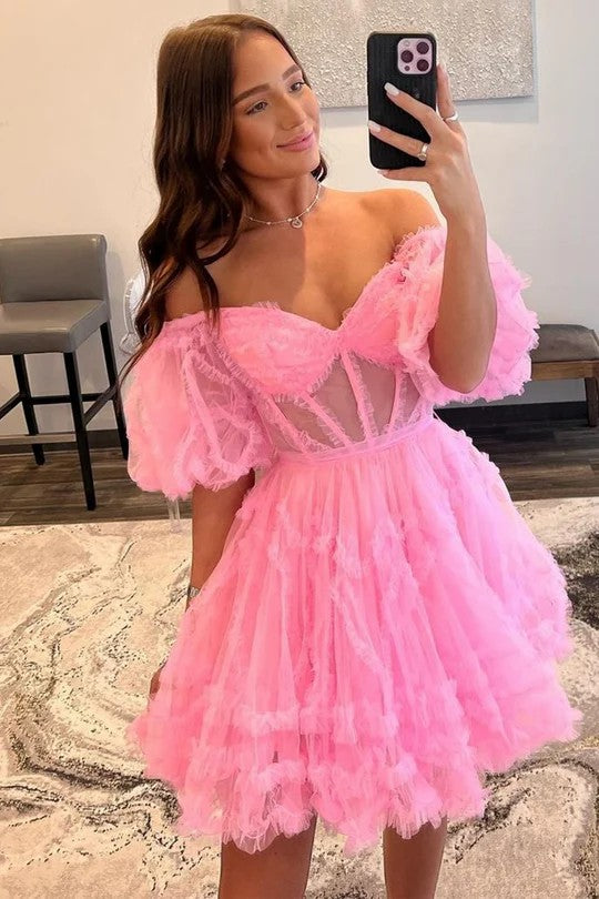 Lumidress Pink Off-the-Shoulder Puffy Tulle Short Homecoming Dress