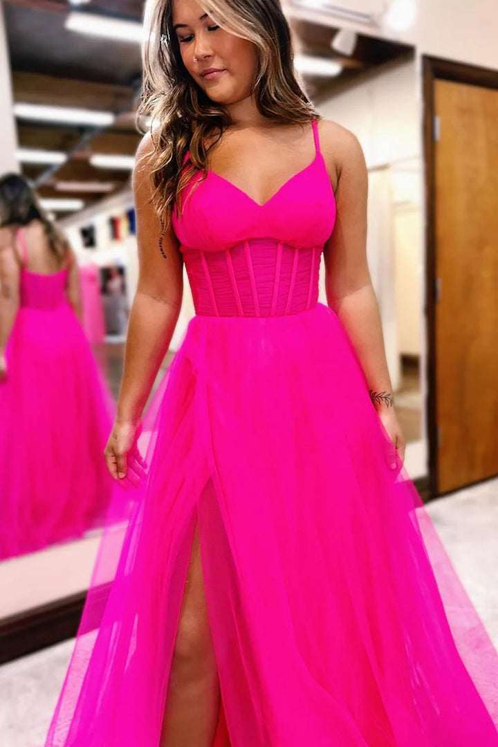 Lumidress Hot Pink Sweetheart A-Line Tulle Prom Dress with Side Slit