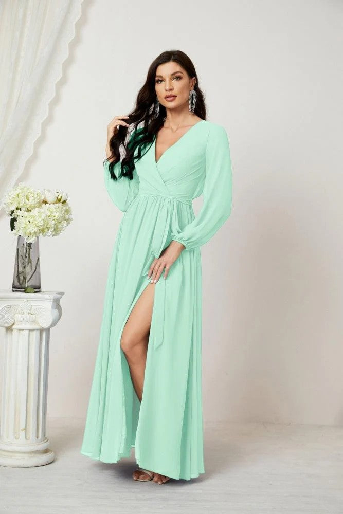 Lumidress Deep V-Neck Chiffon Evening Dress with Bishop Sleeves &amp; Side Slit