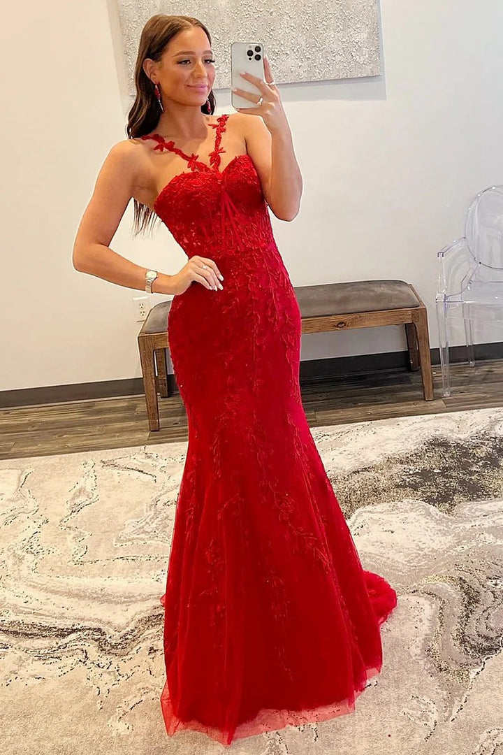 Lumidress Red Halter Mermaid Prom Dress with Floral Appliqué Straps