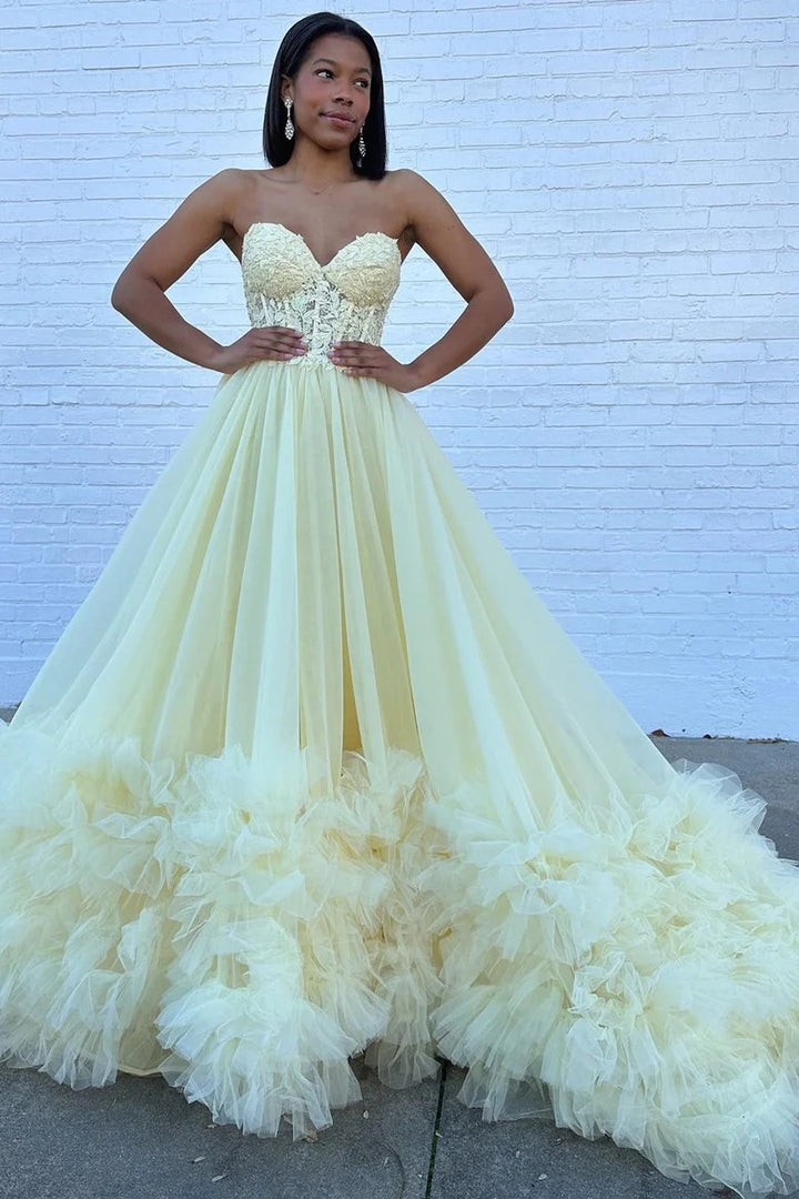 Lumidress Yellow Strapless Lace Bodice Tulle Ball Gown with Ruffled Hem