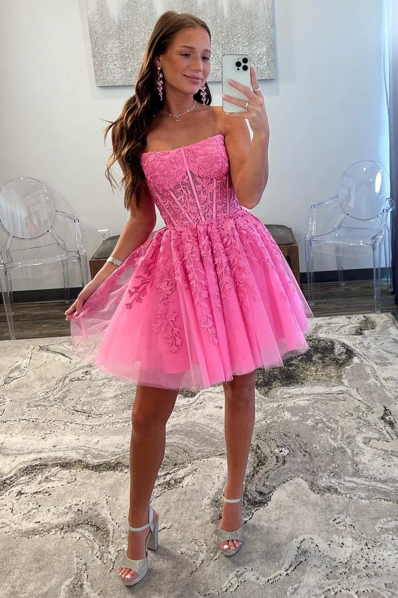 Lumidress Hot Pink Strapless Tulle A-Line Short Dress with Appliques
