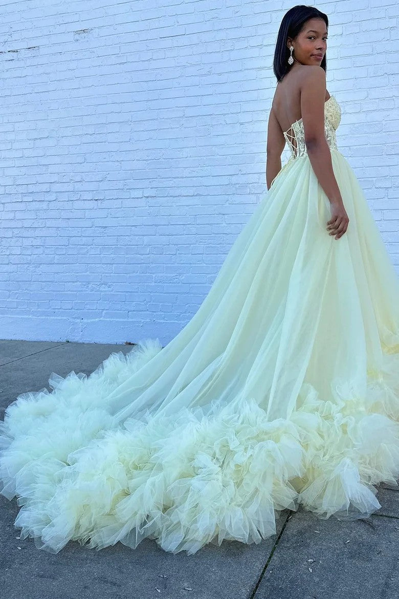 Lumidress Yellow Strapless Lace Bodice Tulle Ball Gown with Ruffled Hem