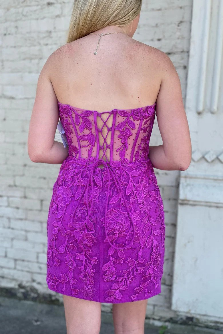 Lumidress Elegant Strapless Mini Homecoming Dress with Lace Appliques