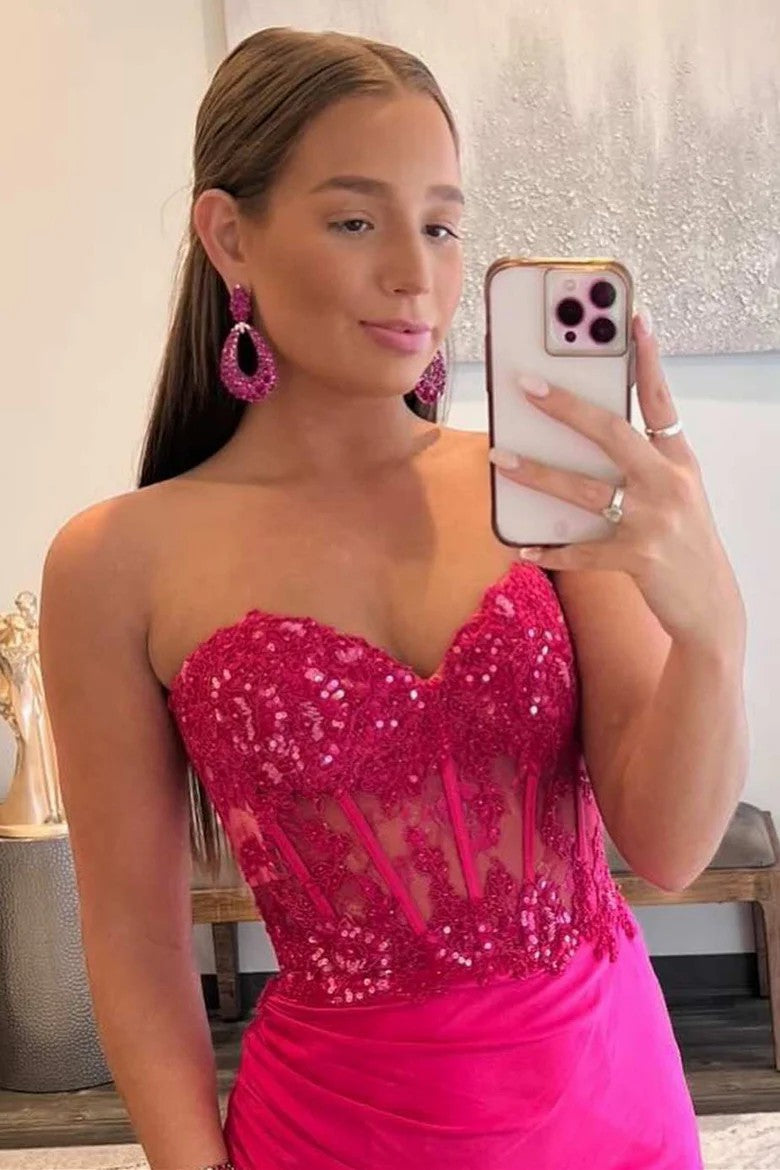 Lumidress Hot Pink Lace Applique Strapless Sheath Prom Dress with Slit