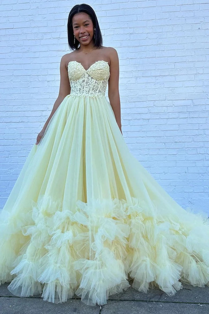 Lumidress Yellow Strapless Lace Bodice Tulle Ball Gown with Ruffled Hem