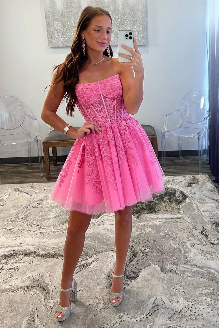 Lumidress Hot Pink Strapless Tulle A-Line Short Dress with Appliques