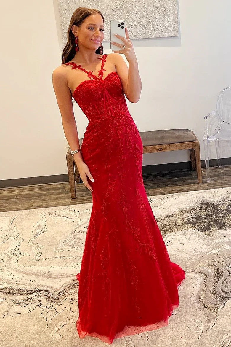 Lumidress Red Halter Mermaid Prom Dress with Floral Appliqué Straps
