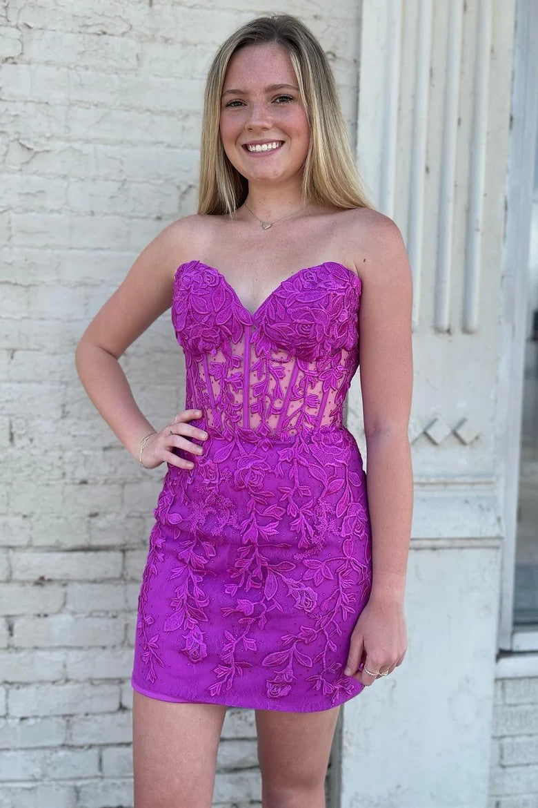 Lumidress Elegant Strapless Mini Homecoming Dress with Lace Appliques