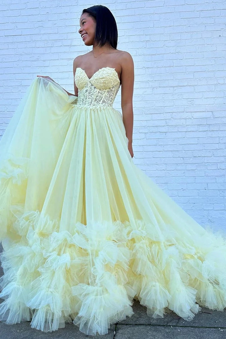 Lumidress Yellow Strapless Lace Bodice Tulle Ball Gown with Ruffled Hem