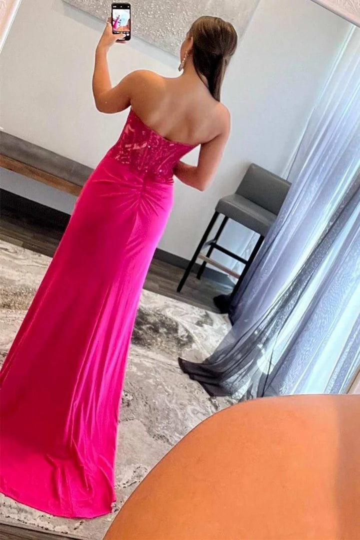 Lumidress Hot Pink Lace Applique Strapless Sheath Prom Dress with Slit