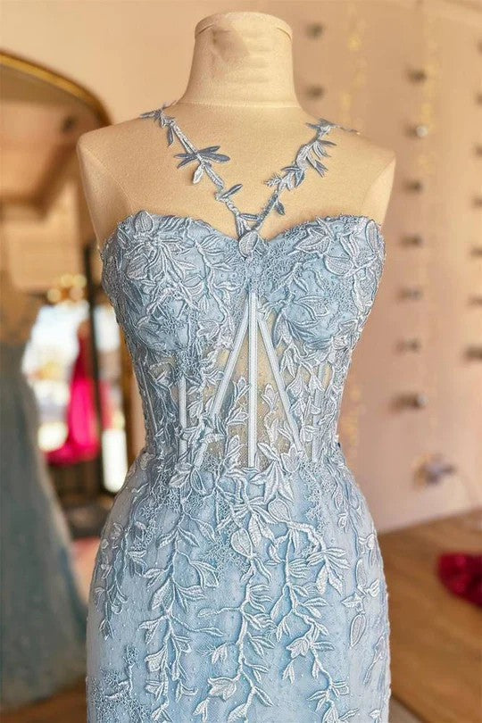 Lumidress Red Halter Mermaid Prom Dress with Floral Appliqué Straps
